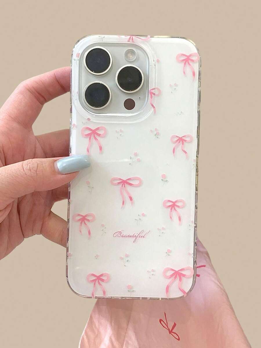 Bow-Knot Cute Creative Ribbon Floral Pattern Phone Case Compatible With IPhone 16, 15 Pro, 14/13, Full Coverage Anti-Drop Protective Cover, New Arrival - White - View 1