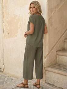 Conjunto de 2 piezas de pantalones y blusa de manga corta con cuello redondo de unicolor para mujer, conjunto de pantalones de verano casual - Verde militar - Ver 2