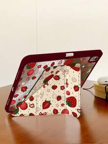 Funda con estampado de lazo de fresa, cubierta protectora acrílica giratoria 360° sin imanes, soporte plegable en forma de Y, a prueba de golpes, activación/suspensión automática, compatible con iPad 11 2025/Air 2026/Pro 11/13 Series, estilo lindo y femenino, para estudio/oficina/viajes - Burdeos - Ver 8