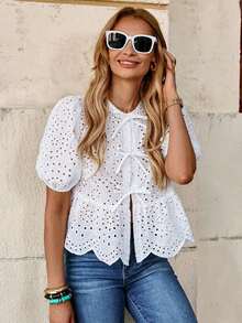 Blusa elegante con mangas abullonadas, lazo delantero y bordado, ideal para vacaciones o San Valentín - Albaricoque - Ver 10