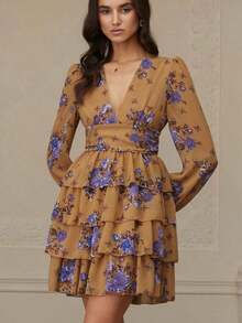 Aveloria Revavyn Vestido de manga larga con estampado aleatorio de moda para mujer, atuendo de vacaciones - Marrón - Ver 9