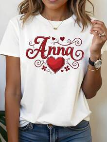 Camiseta Casual de Manga Corta con Cuello Redondo para Mujer, Estilo Dulce con Estampado de Letras y Decoración de Corazón "Anna", para Primavera/Verano, Atuendo Diario, Regalo para Vacaciones - Blanco - Ver 1