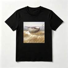 Paisaje Marino Playera de Algodón Negro con Barco en la Playa - Negro - Ver 1