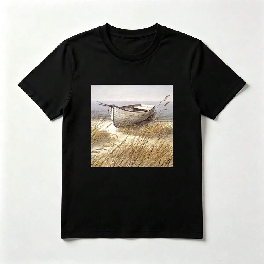 Paisaje Marino Playera de Algodón Negro con Barco en la Playa - Negro - Ver 1