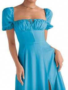 Women's Summer Long Dress Solid Color Short Sleeve Square Neck Ruched Tie Up Party Dress - Lake Blue - View 8