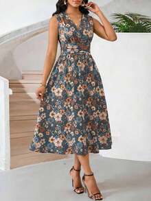Lady Vestido de verano sin mangas de longitud media con estampado gráfico abstracto de degradado teñido a mano para mujeres - Multicolor 2 - Ver 3