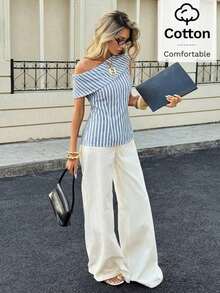 Blusa de hombro único elegante de verano con contraste de ribete, 100% algodón, color albaricoque, para mujer.Blusa ajustada con cuello plegado, estilo retro y elegante para la oficina.Cómoda y transpirable para eventos sociales. - Azul y blanco - Ver 4