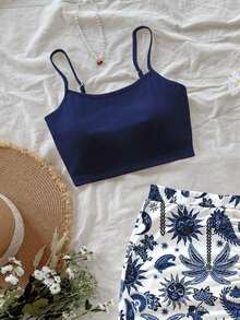 Conjunto informal de vacaciones de 2 piezas con top de tirantes finos de color negro sólido y falda con estampado completo de leopardo y abertura alta en el bajo, adecuado para salir - Multicolor 6 - Ver 6
