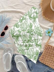 Blusa holgada de punto con un hombro, estampado texturizado tropical asimétrico, elegante y bohemia, adecuada para uso casual, boda en la playa, fiestas, y ocasiones de primavera/verano como Día de San Patricio, Spring Break, Pascua, festivales de música - Verde - Ver 1