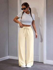 Pantalones de chándal de mujer de punto de unicolor, cómodos y casuales con pierna ancha - Albaricoque - Ver 6