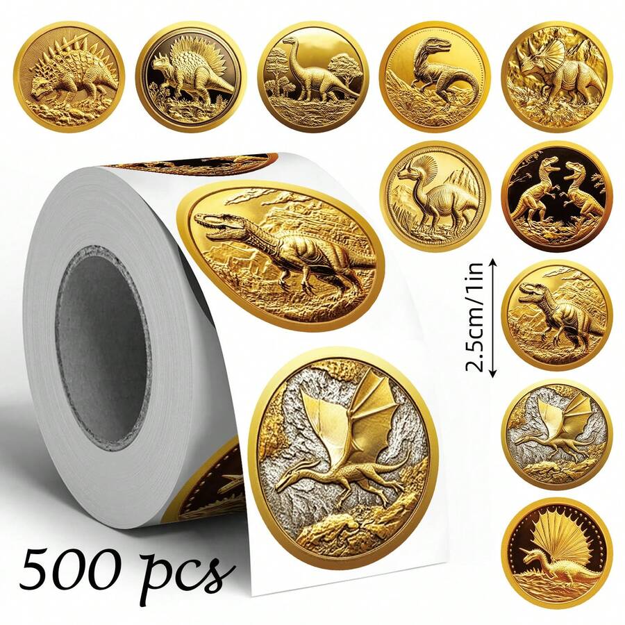500张金色恐龙贴纸,1英寸圆形,10种图案,可用于信封、杂志、手机壳、杯子、头盔、剪贴簿、派对礼品等,PVC防水贴纸 - 金色恐龍勳章 - 查看 1