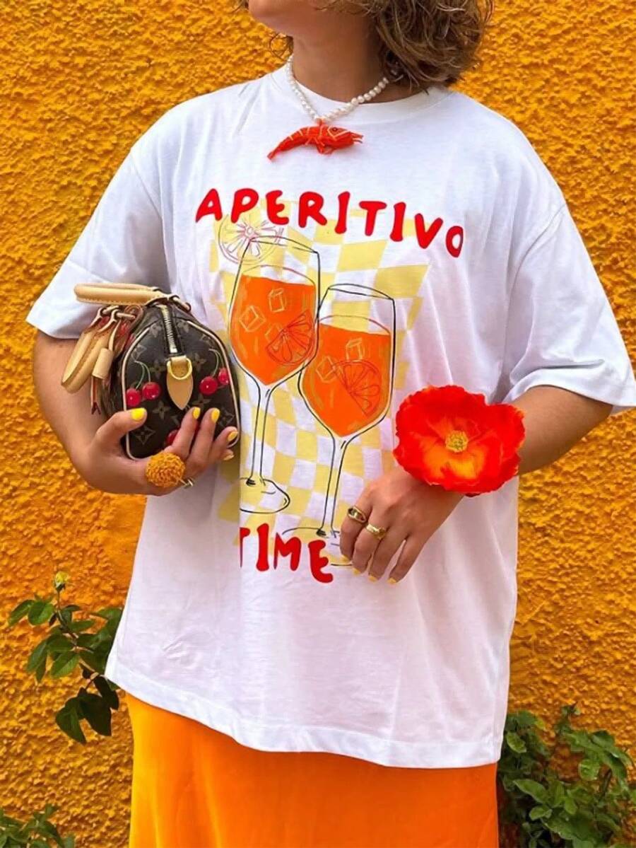 Camiseta de manga corta con estampado de cóctel "Aperitivo Time" para mujer, estilo retro italiano, holgada y transpirable, ideal para la hora del aperitivo de verano, escapadas a la playa, brunch con amigas, salidas diarias o como atuendo de viaje. Ecológica. - Blanco - Ver 1