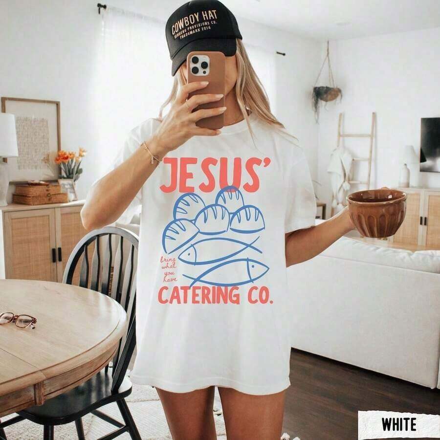Camiseta Cristiana, Peces y Panes, Cristiana, Camiseta Estética de Pescador, Camiseta Cristiana Retro, Camiseta Gráfica - Blanco - Ver 1