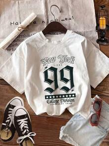 Camisetas Oversized Promoción de nuevo lanzamiento Camisetas básicas para mujer Camiseta gráfica informal oversize para mujer con la inscripción New York 99, manga corta, cuello redondo, hombros caídos, top de tejido de punto para ropa urbana Camisetas con letras para mujer Nuevos productos de la temporada Camisetas Oversized Oferta limitada por tiempo limitado Camisetas casuales para mujer 34GI - Blanco - Ver 2