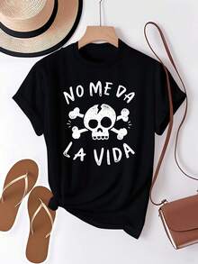 Camiseta de Mujer en Espaol - Frase "No Me Da Vida" con Estampado de Calavera y Huesos Cruzados, Casual Corto /Blanco para Aprendices del Idioma, Ropa de Mujer, Traje de Carrera para Mujeres, Camisetas Divertidas para Mujeres, Tops para Mujer, Tops para Mujeres, Camisetas para Mujer, Navidad, Camisetas para Mujer, Ropa de Moda para Mujeres, Blusas para Mujer, Tops de Verano para Mujeres, Camisetas para Mujer, Blusas para Mujer, Camisetas para Mujer, - Negro - Ver 2