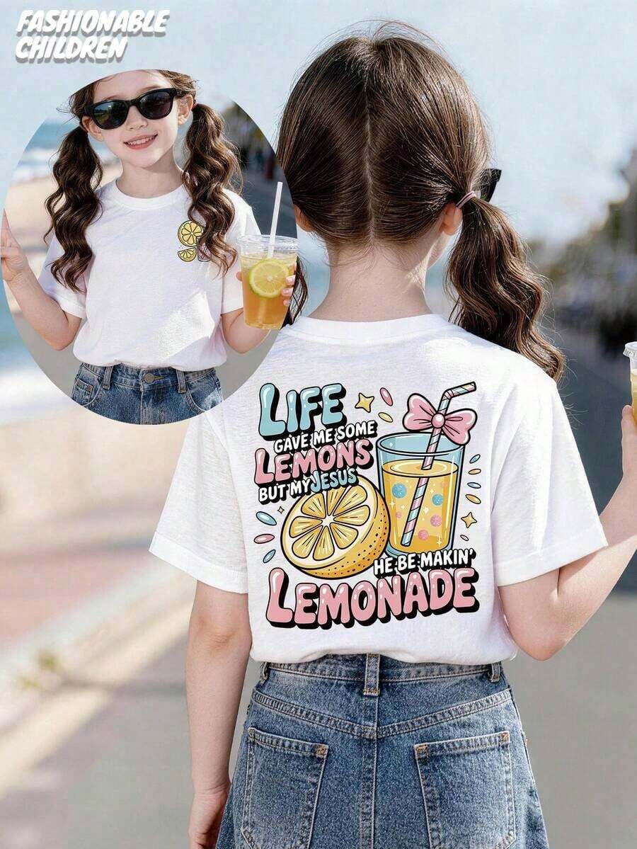 "Life Gave Me Some Lemons, But My Jesus Is Making Lemonade" Double-Sided Printed T-Shirt, Machine Washable, 100% Cotton, For Boys And Girls, Teen Clothing, Perfect Summer Gift, Casual Style For Outdoor Sports, Comfortable And Breathable, Skin Friendly, Fashionable And Versatile, Short-Sleeved Crew Neck T-Shirt That Kids Can Wear On Their Own. - 白色 - 查看 1