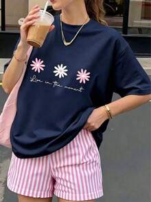 Women's Casual Style T-Shirt With Floral And Letter Print, Soft Fabric, Loose Fit, Round Neck, Short Sleeves, Suitable Combinable-Summer Vacation Te - MARINO - View 1