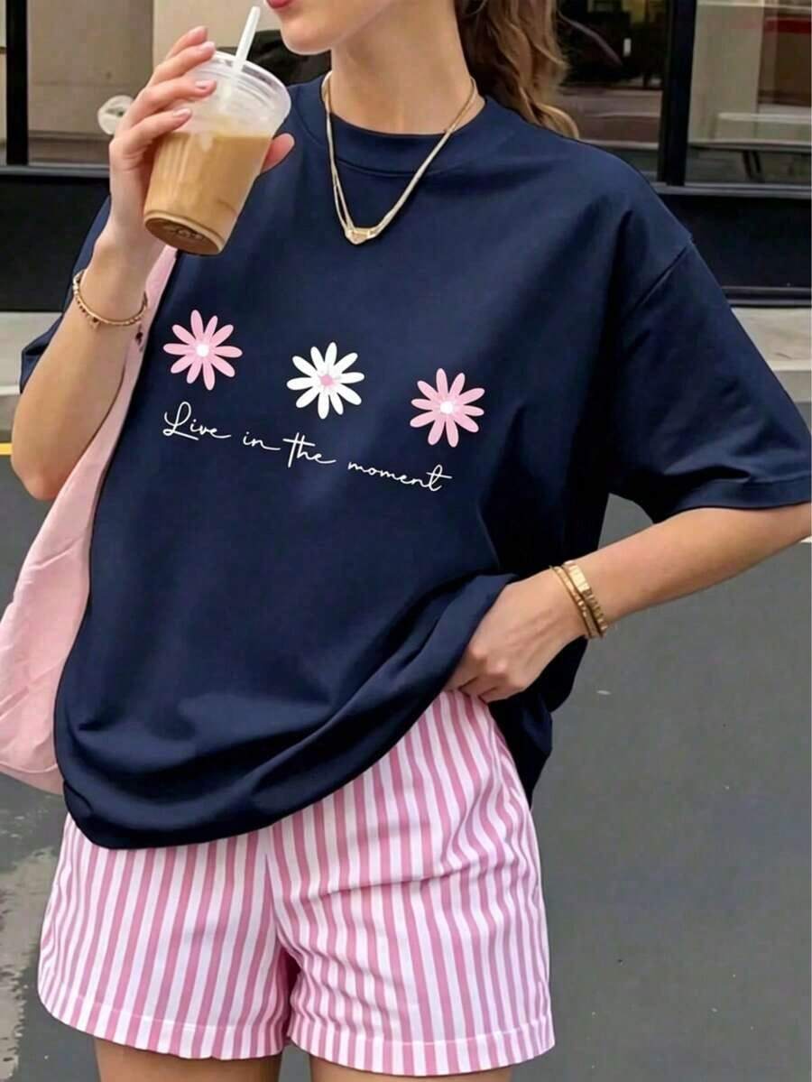 Women's Casual Style T-Shirt With Floral And Letter Print, Soft Fabric, Loose Fit, Round Neck, Short Sleeves, Suitable Combinable-Summer Vacation Te - MARINO - View 1