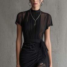 Women's Black Semi-Sheer Dress With Lace Paneling - Slim-Fit, Figure-Flattering, Asymmetrical Mini Dress With Lace Trim And Tie Detail - 黑色 - 查看 4