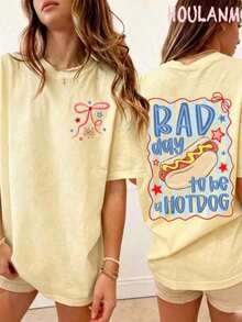 2026 New Fashion,1PC,Women's " Day To Be A Hotdog" Retro Cartoon Graphic T-Shirt |     100% Cotton Breathable Spring Tops, Oversized Short Sleeve Tee, - 黃色 - 查看 1