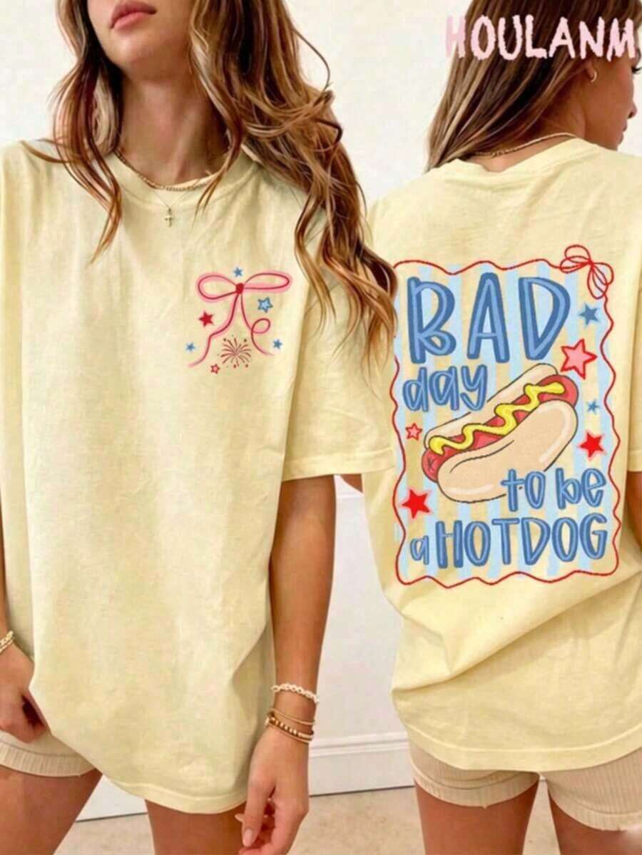 2026 New Fashion,1PC,Women's " Day To Be A Hotdog" Retro Cartoon Graphic T-Shirt | 100% Cotton Breathable Spring Tops, Oversized Short Sleeve Tee, - 黃色 - 查看 1