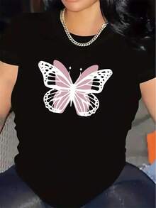 Short-Sleeved T-Shirt With A Butterfly Print In Pink, Lightweight And Durable, Perfect For Casual Wear At Home, In A Restaurant, Or Outdoors. A Comfortable And Relaxed Casual T-Shirt That Feels Great Against The Skin. - 黑色 - 查看 6