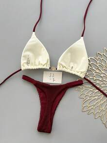 Bộ 2 món bikini đi biển phong cách Bohemian thanh lịch gợi cảm, họa tiết hoa, dây buộc tết, phù hợp cho kỳ nghỉ bãi biển mùa Xuân/Hè - Màu Đỏ Sâu - Xem 2