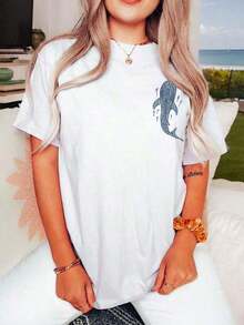 Camiseta de mujer talla grande 100% con estampado de eslogan y elementos oceánicos, con diseño de peces, estilo playero, cuello redondo y manga corta, para outfits de verano - Multicolor - Ver 2
