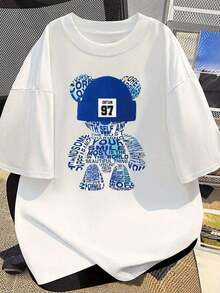Men's Pure Cotton Short Sleeve T-Shirt With Bear Knit Hat Print, Modern Word Art Design, Breathable And Comfortable Style For Everyday Wear, Unisex Urban Fashion, Oversized Fit For Couples - 白色 - 查看 1
