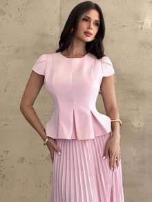 Conjunto elegante de 2 piezas con camisa de mangas cubiertas y dobladillo plisado y minifalda plisada de unicolor para mujer - Rosa vieja - Ver 4