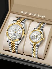 2pcs/Set Couple's Minimalist Fashion Roman Numeral Diamond Decorated Calendar Dial Classic Quartz Wrist Watch, No Watch Box Included - White - View 12