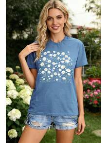 Camisetas de flores vintage para mujer, lindas camisetas con estampado floral, camisetas bohemias de flores silvestres, camisetas casuales de verano de manga corta - Azul - Ver 4