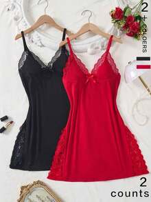 2 piezas Camisón romántico con abertura lateral, decorado con encaje y moño - Multicolor 2 - Ver 7
