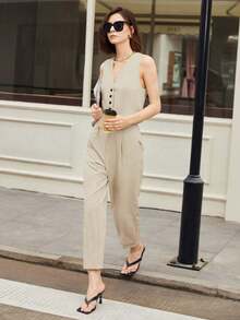 Conjunto casual de 2 piezas de unicolor para mujer, atuendo casual de negocios urbanos, elegante para la oficina, atuendo de maestra, primavera/verano - Beis - Ver 1