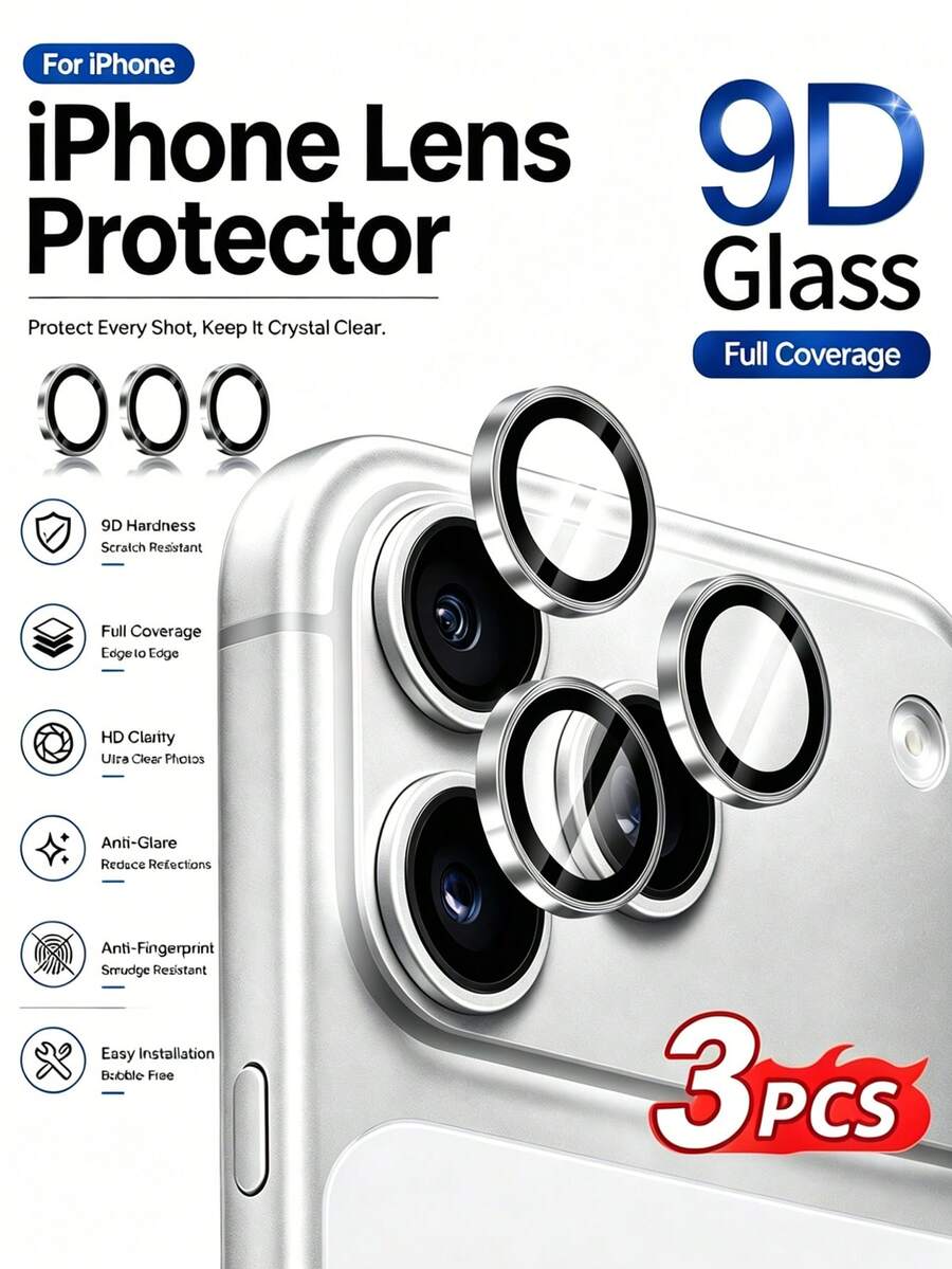 3 piezas Película protectora de lente transparente de alta definición resistente a arañazos, compatible con modelos iPhone 18 Pro/18 Pro Max/17/17Pro/17Promax/17Air/16/15/14/13/12/11, ajuste preciso, adecuada para protección diaria, aventura al aire libre, viajes de desplazamiento y fotografía profesional, cubierta de cámara de vidrio templado 9H, color plata