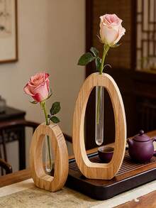 2pcs/Set Japanese Style Wooden & Glass Test Tube Vase, Minimalist Hydroponic Flower Pot, Home Decor Accent For Entryway - 1 Set - View 7