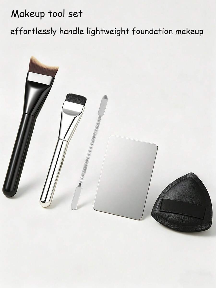 5pcs Professional Foundation Brush Set With Palette And Puff, Flat Crescent Shape, Create Perfect Base Makeup, Portable Travel Makeup Tool Kit, Suitable For Beginners - Multicolor - View 1