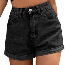 2026 Spring Summer New European American Women Jeans Shorts Loose Wide Leg Denim Shorts Casual High Waist  Streetwear Ladies Daily Vacation Outfit Pan - 黑色 Black - 查看 1