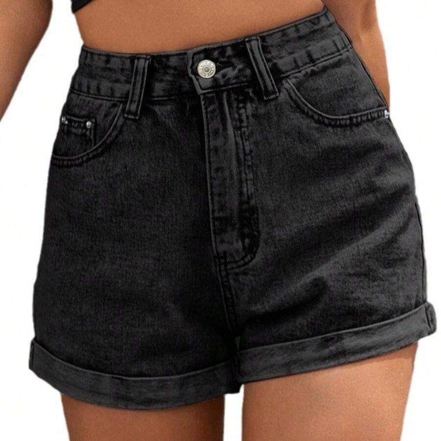 2026 Spring Summer New European American Women Jeans Shorts Loose Wide Leg Denim Shorts Casual High Waist Streetwear Ladies Daily Vacation Outfit Pan - 黑色 Black - 查看 1