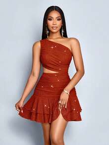 Vestido mini sexy de manga corta, hombros descubiertos, cuello de un hombro, cintura hueca, cadera y pecho recogidos, con textura de tela brillante de lentejuelas de punto rojo, para fiestas y uso diario, con dobladillo con doble volante, para otoño e invierno - Óxido marrón - Ver 5