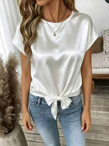 Women's Round Neck Short Sleeve Crop Top, Asymmetric Hem, Silk-Like Fabric White Summer - White - View 8