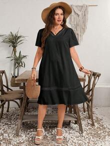 Vestido casual de manga corta con cuello en V para mujer de talla grande - Negro - Ver 4