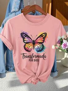 Camiseta de manga corta y cuello redondo para mujer del Día Nacional de España, estilo elegante con estampado de mariposas de color distintivo para primavera, verano y otoño, top casual vintage versátil y de moda para desplazamientos, vacaciones y uso diario, varios colores disponibles, tallas S-XXL - Rosa - Ver 6