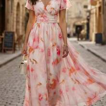 guang zhou mi qian shang mao  Vestido midi de línea A con cintura ceñida, cuello en V, volantes en el bajo y estampado floral, elegante y romántico para ocasiones festivas - Multicolor - Ver 4