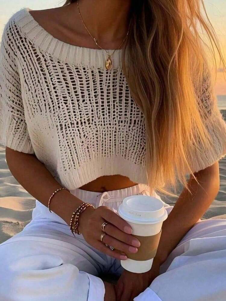 Suéter de punto de mujer de verano con cuello redondo, manga corta, corte holgado, ajuste delgado, ligero y transpirable de unicolor, para uso casual en la playa y viajes, color negro - Albaricoque - Añade 3