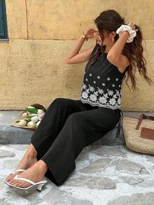 Conjunto de 2 piezas de top sin mangas con bordado floral y ribete de concha, y pantalones de pierna ancha, para mujer, estilo casual de vacaciones, primavera/verano - Negro - Ver 6