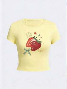 Camiseta de mujer de cuello redondo holgada de manga corta, con estampado de lazo de fresa pintado a mano en estilo retro americano dulce, adecuada para picnic de primavera, campus diario, citas, salidas casuales, mercado retro y otras ocasiones de verano - Amarillo 2 - Ver 2