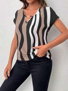 Blusa de mujer con detalles de rayas de contraste y calados, top de manga corta - Albaricoque - Ver 3