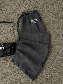 Pantalones de chándal de pierna recta y cintura baja para mujer, apropiados para el verano, con efecto lavado - Negro 4 - Ver 7