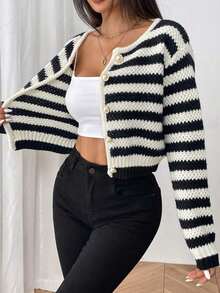 Suéter de mujer tipo cárdigan a rayas de textura versátil y casual - Blanco y Negro - Ver 5